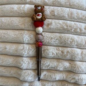 Brown Cate  Bear Beaded Ballpoint Pen with Red Pom